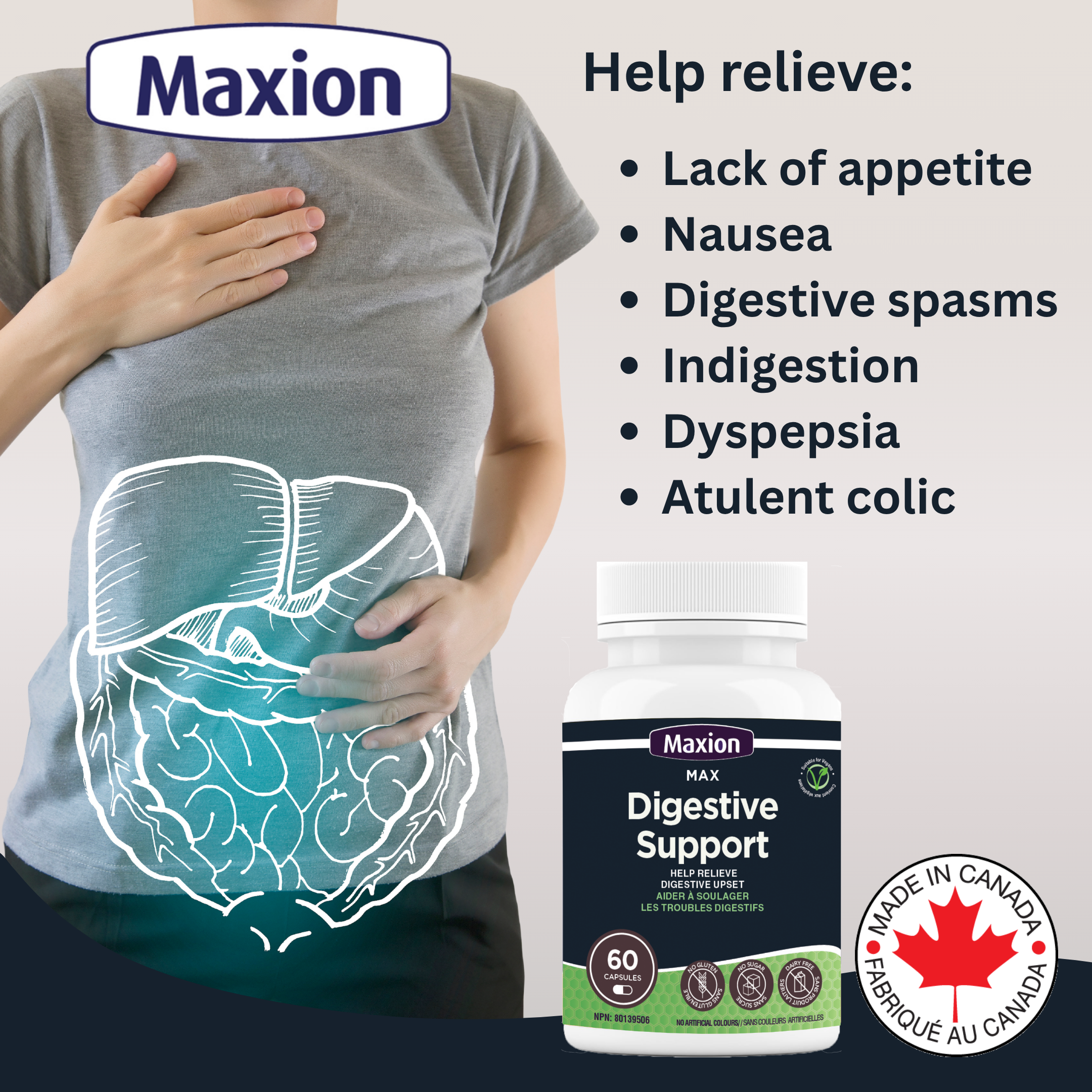 Maxion Digestive Support, 60 Capsules with Ginger, Peppermint and Sweet Fennel to Help Relieve Digestive Upset
