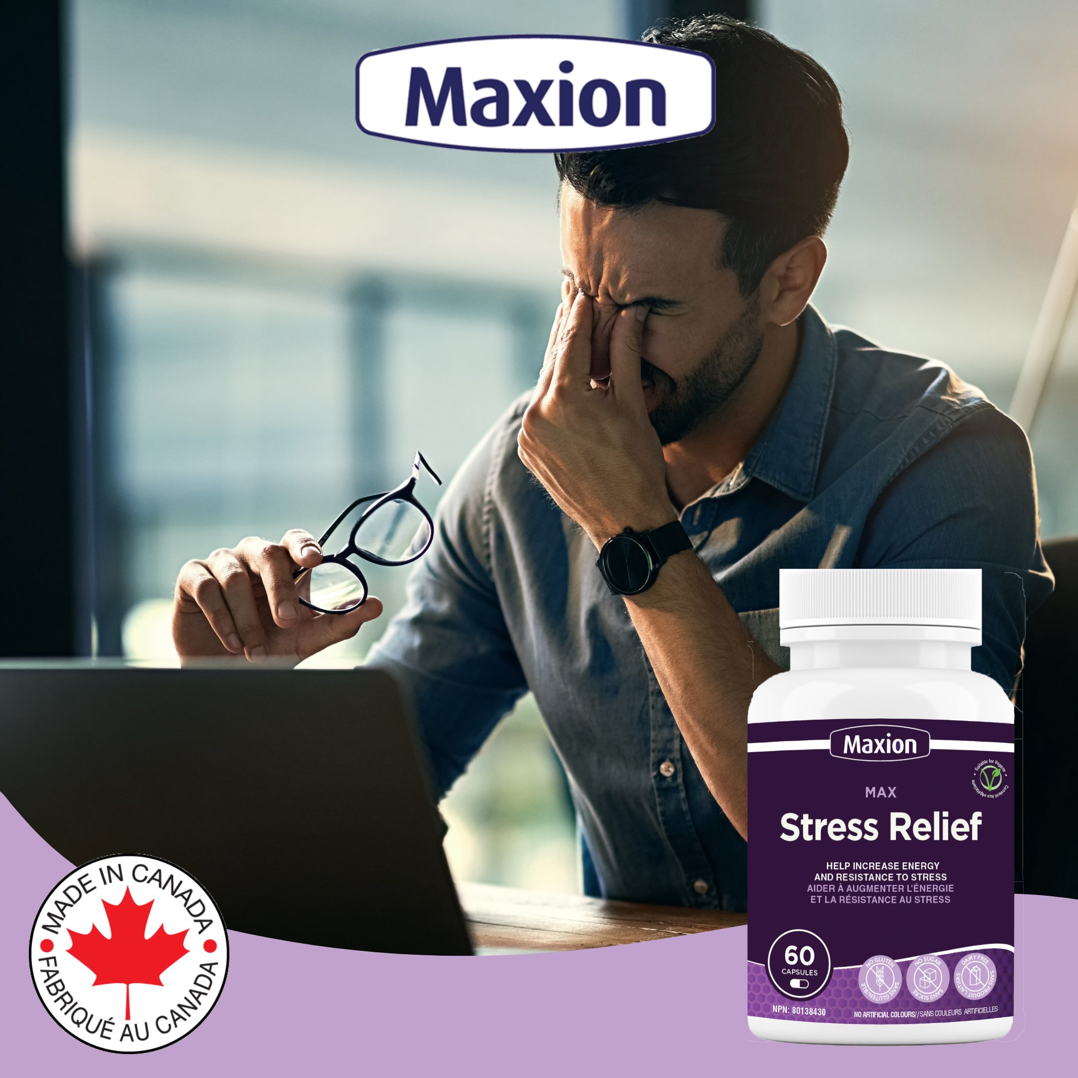 Maxion Stress Relief, 60 Capsules with Lion's Mane, Maitake, Reishi and Cordyceps to Help Increase Energy and Resistance to Stress