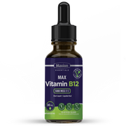 A bottle of MAX Vitamin B12 supplement with a label indicating 5000 mcg dosage and other product details.