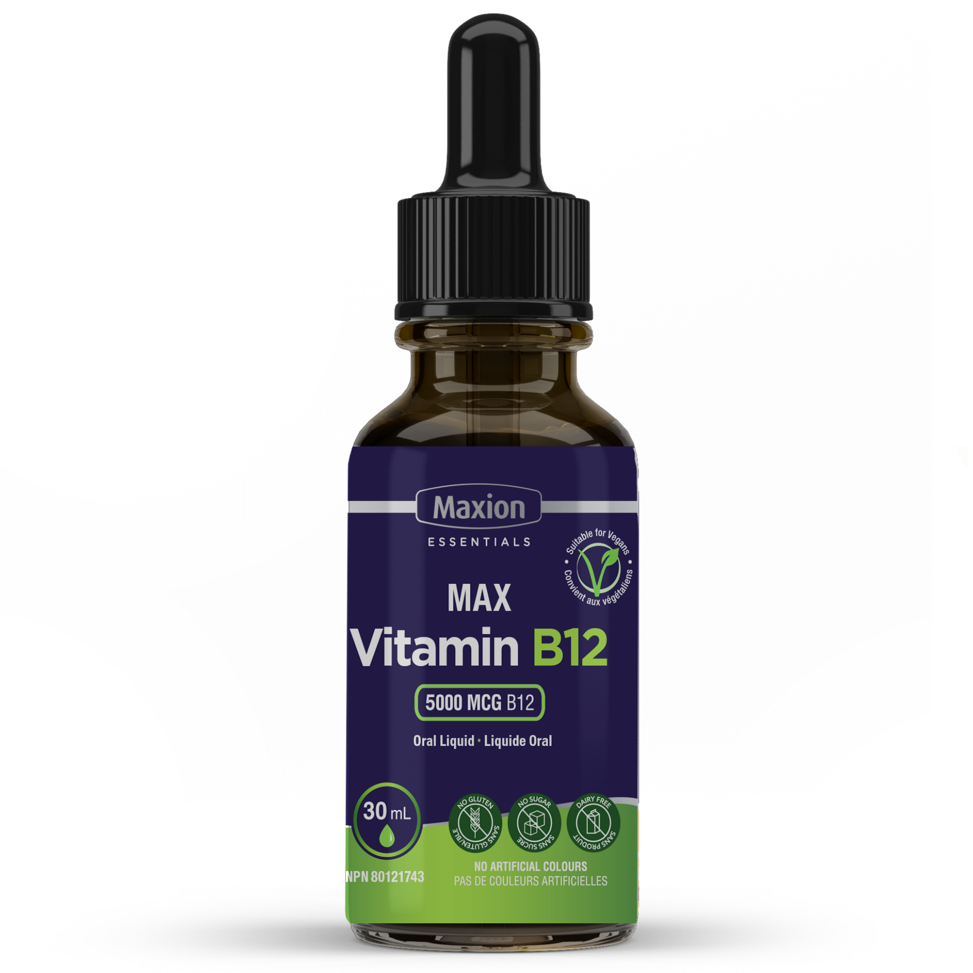 A bottle of MAX Vitamin B12 supplement with a label indicating 5000 mcg dosage and other product details.